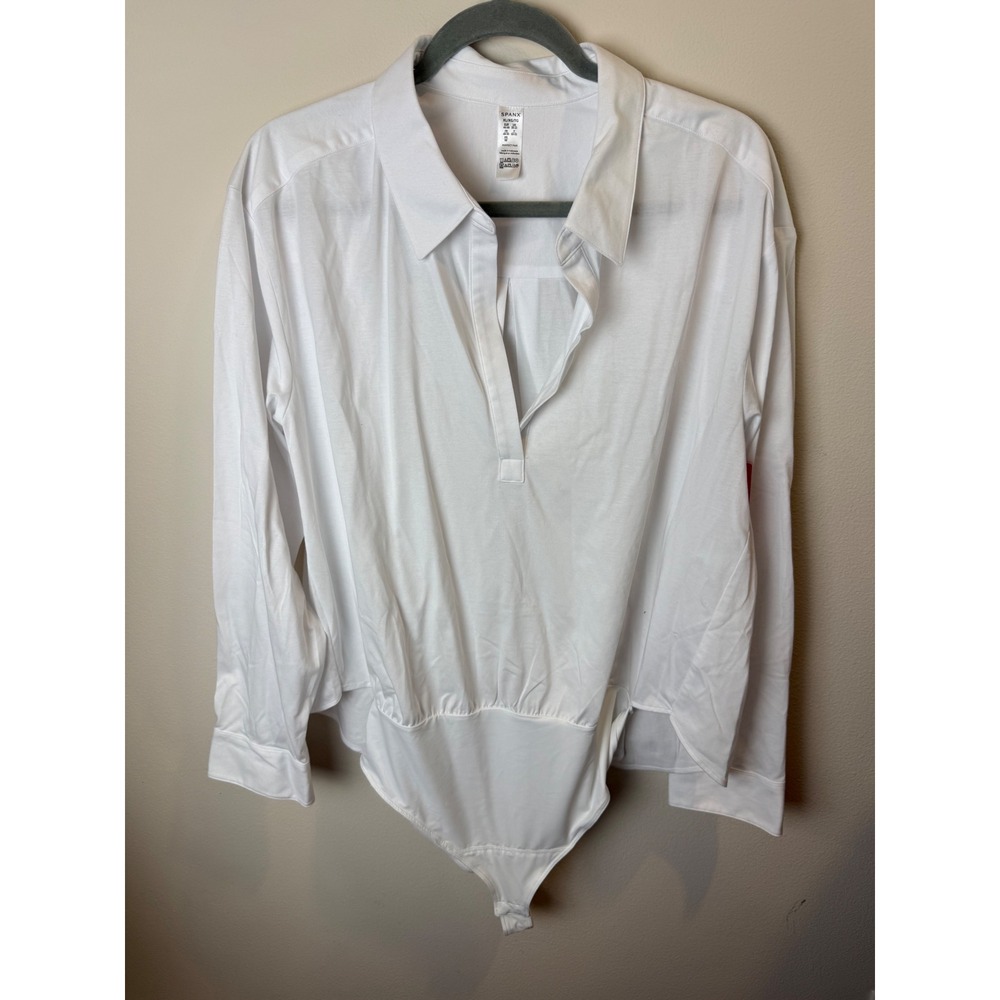 Spanx Shaping Button Down Bodysuit Classic White XL Long Sleeve V-Neck